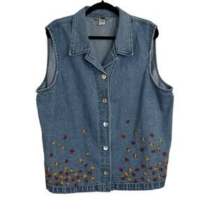 VINTAGE Stonebridge Denim Vest Flower Embroidered - Size 2X- Cottage Core‎